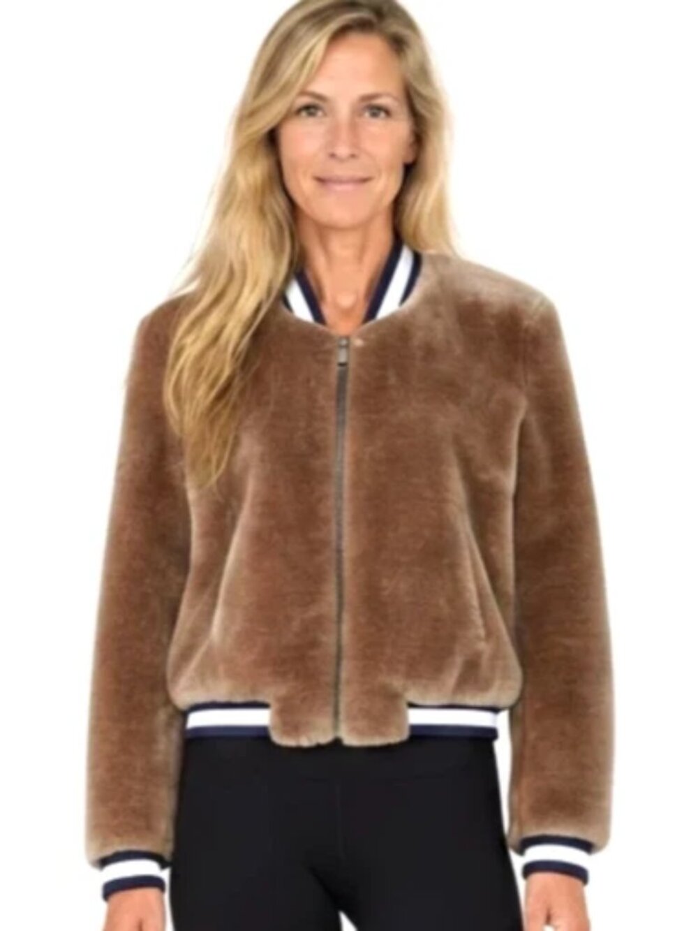 Joie Arleigh Faux Fur Bomber Jacket Sz L Large Brown Beige Fur
